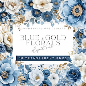 Clipart floral azul y dorado: conjunto de flores PNG de acuarela (descarga digital)