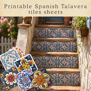 Könnte beinhalten: Druckbare spanische Talavera-Fliesenbögen. Das Bild zeigt eine Reihe farbenfroher quadratischer Fliesen mit floralen Designs in Blau, Gelb, Orange und Rosa. Die Fliesen werden auf einer Treppe mit ähnlichen Fliesenmustern angezeigt.