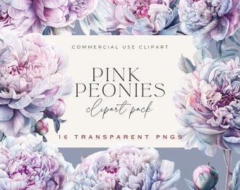 Pink Peonies Watercolor Clipart, 16 PNG Flower Graphics (Digital Download)