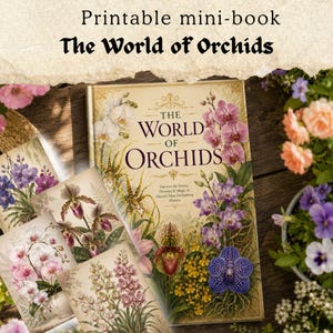 Pode incluir: Um minilivro imprimível intitulado The World of Orchids, com uma capa cor de creme apresentando ilustrações botânicas de várias espécies de orquídeas em tons de roxo, rosa, branco e amarelo, cercado por outras páginas de orquídeas.
