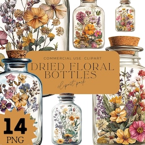 Pack de cliparts de bouteille florale séchée | 14 PNG | Illustrations haute résolution de pots botaniques, sublimation, artisanat, conception d'impression