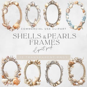 Puede incluir: Un conjunto de 13 marcos de clipart digital con conchas y perlas. Los marcos son de varias formas y tamaños, y son perfectos para agregar un toque de encanto costero a tus diseños.