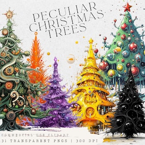 Grillige kerstboom clipart, kleurrijke kerstboom, eigenzinnige vakantieboom, leuke kerstbomen, fantasiekerstboom, creatieve clipart