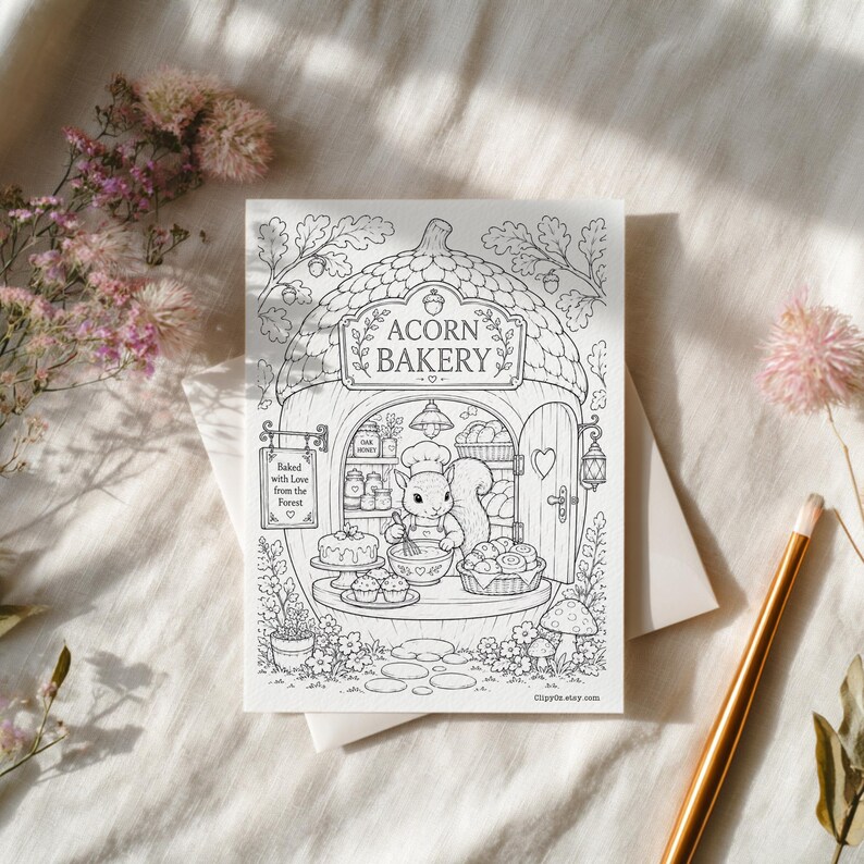 May include: A black and white coloring page featuring a squirrel wearing a chef hat inside an acorn-shaped bakery. The text reads ACORN BAKERY and Baked with Love from the Forest. The illustration includes shelves, baked goods, and flowers.