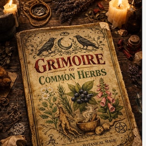 May include: A vintage-style book titled "Grimoire of Common Herbs" with illustrations of plants, ravens, and a crescent moon. The cover is aged with a worn appearance. The book is surrounded by candles and other mystical items.