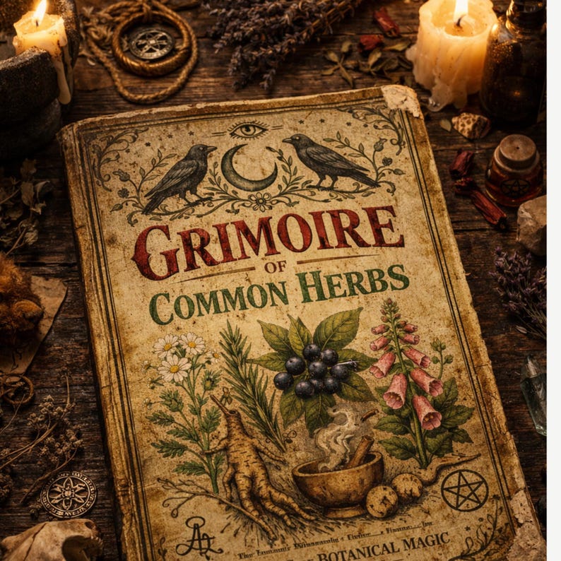 May include: A vintage-style book titled "Grimoire of Common Herbs" with illustrations of plants, ravens, and a crescent moon. The cover is aged with a worn appearance. The book is surrounded by candles and other mystical items.