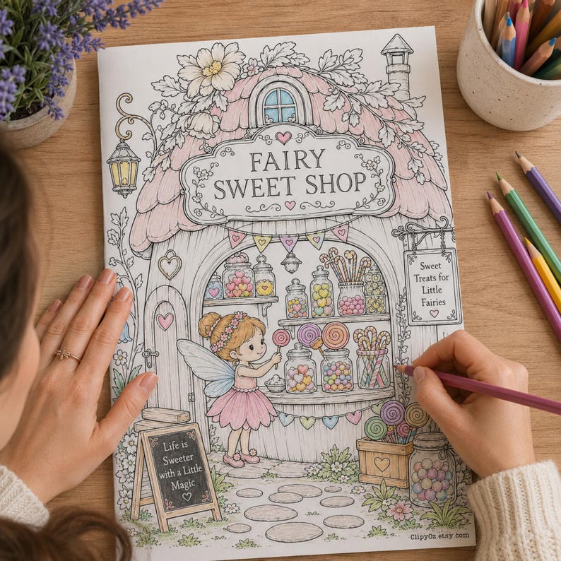 May include: A coloring book page titled Fairy Sweet Shop featuring a fairy in a pink dress standing in front of a candy store. The illustration includes jars of sweets, lollipops, bunting, and a sign that reads Life is Sweeter with a Little Magic.
