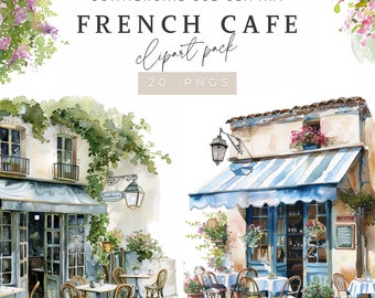 French Cafe Watercolor Clipart: Spring Cafe PNG Set (Digital Download)