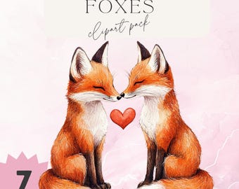 Watercolor Valentine Foxes Clipart, Kawaii Animals (PNG)