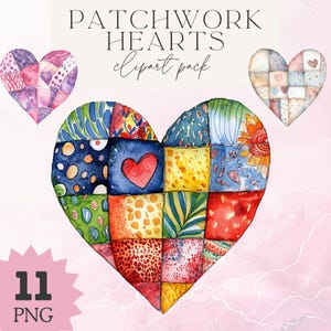 May include: A set of 11 digital clipart images of patchwork hearts. The hearts are made of different colored fabrics and patterns, including red, blue, green, yellow, and pink. The hearts are perfect for scrapbooking, card making, and other craft projects.