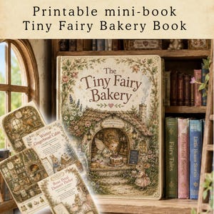 Utskrivbar minibok med litet älvbageri för dockhus | Cottagecore miniatyrbok PDF, barnbok