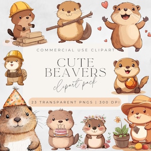 May include: A set of 23 digital clipart images featuring cute cartoon beavers in various poses and activities. The beavers are depicted in a variety of colors, including brown, yellow, and blue. The clipart is perfect for use in digital scrapbooking, card making, and other creative projects.  COMMERCIAL USE CLIPART CUTE BEAVERS clipart pack 23 TRANSPARENT PNGS | 300 DPI