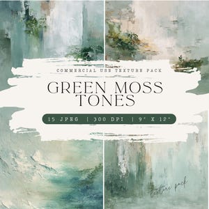 以下が含まれることがあります： 「Green Moss Tones」と題されたデジタルアートパック。緑、青、ベージュの色合いの抽象画が4点含まれています。テキストには、15個のJPEGファイル、300 DPIの解像度、22.86 cm x 30.48 cmのサイズが含まれていることが示されています。