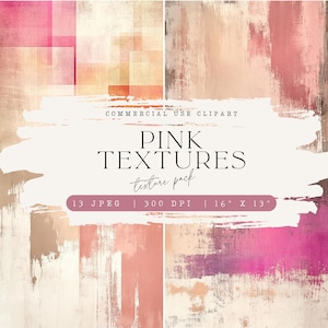 Puede incluir: Una descarga digital de 13 fondos texturizados rosas. Las texturas son una mezcla de patrones geométricos y abstractos. El texto "COMMERCIAL USE CLIPART PINK TEXTURES texture pack 13 JPEG | 300 DPI | 16" X 13" se muestra en la imagen.
