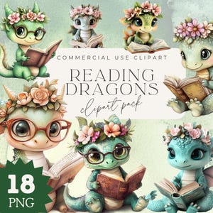 May include: A set of 18 digital clipart images featuring cute green dragons wearing flower crowns and reading books. The text "Reading Dragons clipart pack" is displayed on a light blue background.