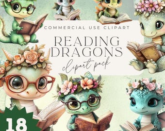 May include: A set of 18 digital clipart images featuring cute green dragons wearing flower crowns and reading books. The text "Reading Dragons clipart pack" is displayed on a light blue background.