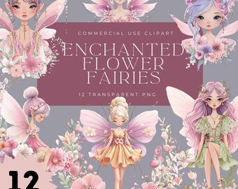 Clipart floral fée : ensemble PNG fantaisiste (téléchargement numérique, 300 ppp, 3600 x 3600 px)