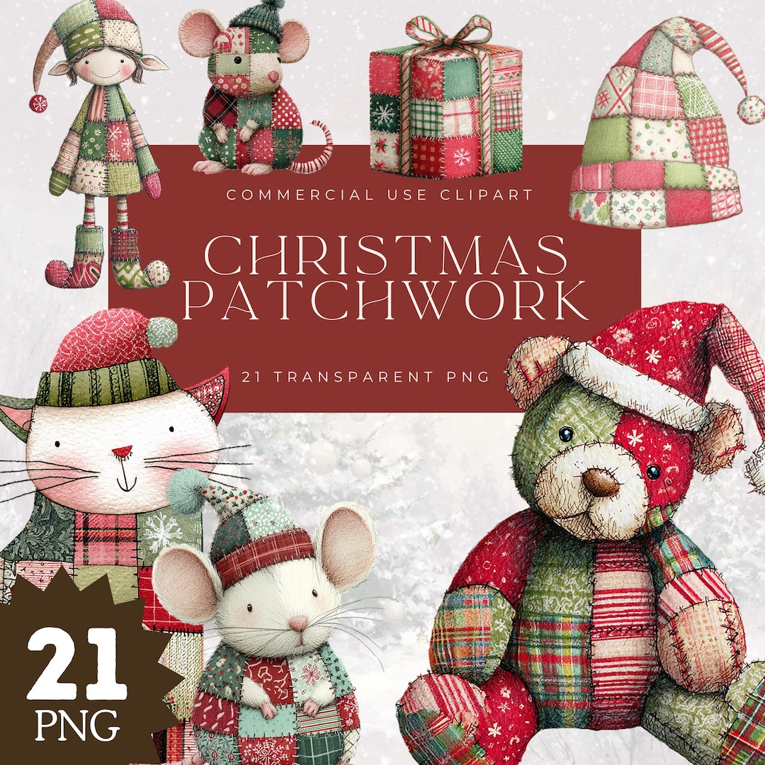 Christmas Patchwork Clipart Set, Quilted Holiday Elves & Animals ...