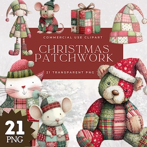 May include: A collection of Christmas-themed patchwork clip art featuring a doll, mouse, gift box, hat, cat, and teddy bear. The designs incorporate red, green, and white fabrics with snowflake and plaid patterns. The text "CHRISTMAS PATCHWORK" is displayed.