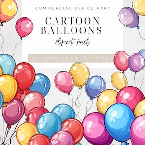 Cartoon Party Balloons Clipart PNG, Birthday Balloon Clip Art, Colorful Balloons, Instant Download, Commercial Use