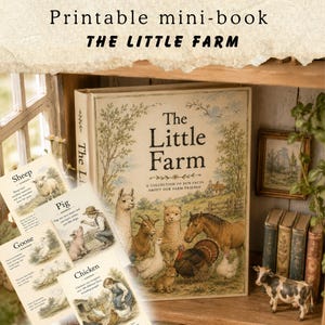 Op de afbeelding: Een printbaar miniboekje getiteld The Little Farm, met een verzameling leuke weetjes over boerderijdieren. De omslag toont illustraties van een lama, geit, alpaca, paard, kalkoen en kip. Verschillende kleine kaarten tonen schapen, varkens, ganzen en kippen.