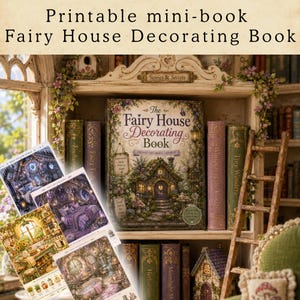 May include: A printable mini-book titled The Fairy House Decorating Book, featuring a central cover illustration of a cottage, surrounded by various book spines and four smaller printed pages displaying interior room scenes and furniture.