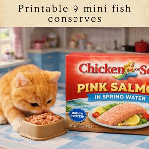 May include: An orange tabby cat eating from a brown bowl next to a red box of Chicken of the Sea Pink Salmon in Spring Water. The box has a mermaid illustration and the text "High in Protein". The net weight is 5 oz (142g).