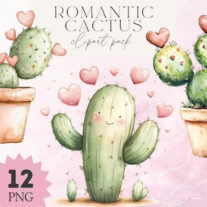 12 Clipart di alberi di cactus ad acquerello, grafica di cactus carina, clipart di cactus romantico, cactus adesivo, illustrazione del deserto di San Valentino