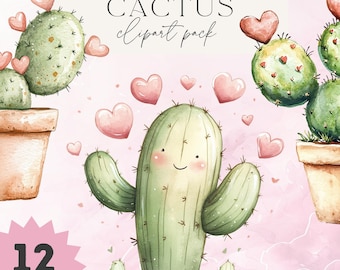 12 Watercolour Cactus Tree Clipart, Cute Cactus Graphic, Romantic Cactus Clipart, Sticker Cactus, Valentine Desert Illustration