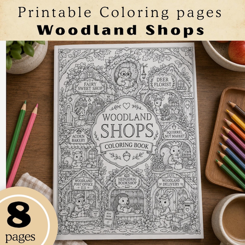 Woodland Shops Coloring Book for Adults, Cozy Cottagecore Forest Coloring Pages, Whimsical Stress Relief Art image 1