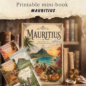 Può includere: Un mini-libro stampabile intitolato Mauritius, The Pearl of the Indian Ocean, con un'illustrazione di un'isola tropicale con montagna, spiaggia, una persona in abito e una tartaruga gigante. Include carte intitolate Sunset Paradise, A Volcanic Island, Traditional Sega Dance e The Lost Dodo.