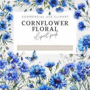 Imágenes prediseñadas de acianos en acuarela, ramo de acianos PNG, imágenes prediseñadas de flores para uso comercial, corona de acianos, semillas de aciano
