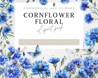 Watercolor Cornflower Clipart: PNG Floral Bouquet (Digital Download)