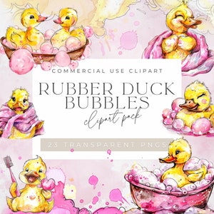 Anatre di gomma Bubble Bath Clipart, Grafica colorata di anatra, Divertente giocattolo per bolle da bagno, PNG trasparente, Anatra acquerello,