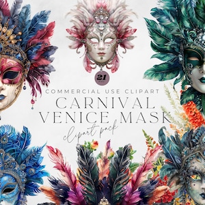 21 Maskenfest in Venedig | Karneval Maske Clipart | Druckbare Aquarell Clipart | Digitaler Download | Transparentes PNG