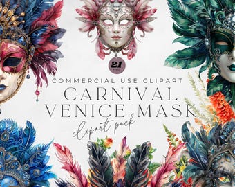Clipart maschera di Carnevale di Venezia: immagini PNG ad acquerello (download digitale)