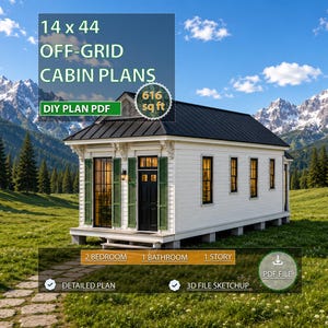 14x44 Off Grid Cabin Plans, Southern Home Style Tiny House Blueprint (PDF Download)