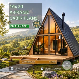 16x24 A Frame House, Loft Cabin Plans, Modern Tiny Home Blueprint (PDF Download)