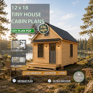 12x18 Off Grid Cabin Plans, Tiny House with Loft, DIY Small Blueprint (PDF Download)