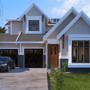 Modern Farmhouse Plan: 2-Story House with Basement (2075 Sqft) (Digital Download) (Beige & white)