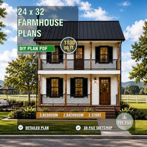 24x32 Modern Farmhouse Plans, 1130 Sq open living plan, 2 Story (PDF Download)