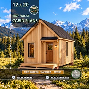 Puede incluir: Un plano de cabaña tiny house de 12 x 20 con 240 pies cuadrados. El diseño incluye un dormitorio en altillo, un baño y una planta. El exterior muestra revestimiento de madera clara, un techo oscuro, un porche delantero y una puerta de madera.