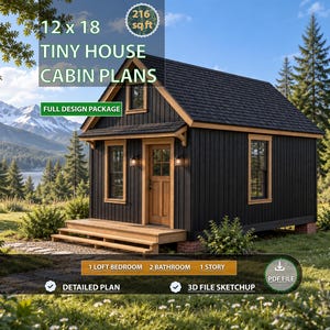 12x18 Off Grid-stugaplaner, Tiny House med loft, DIY-liten ritning (PDF-nedladdning)