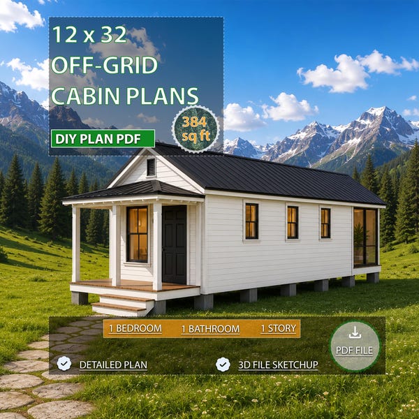 Plany domku 12x32 poza siecią, projekt małego domu, mały domek DIY (pobierz plik PDF)