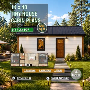 14 x 40 plattegronden voor kleine huisjes | Indeling 2 slaapkamers | DIY-starterscabine (pdf-download)