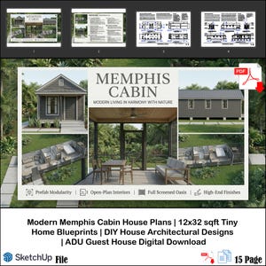 May include: A digital download of Memphis Cabin house plans. The image shows a gray cabin with a porch, interior layouts, and architectural designs. Text includes "Modern Living in Harmony with Nature" and "Prefab Modularity". The plans are for a 12x32 sq ft tiny home.