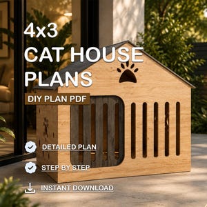 Planta de uma casinha de gato para ambientes internos, 1,20m x 0,90m, móveis modernos para animais de estimação, guia de marcenaria faça você mesmo (download em PDF)
