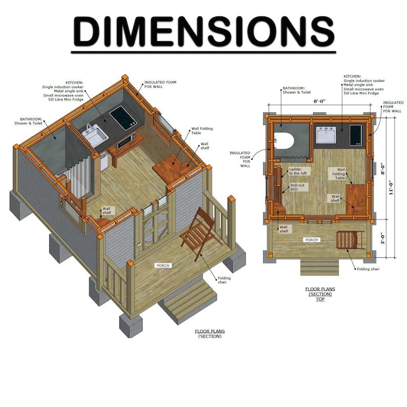 8x8 off Grid Cabin Plans, DIY Tiny House Blueprint With Loft (PDF ...