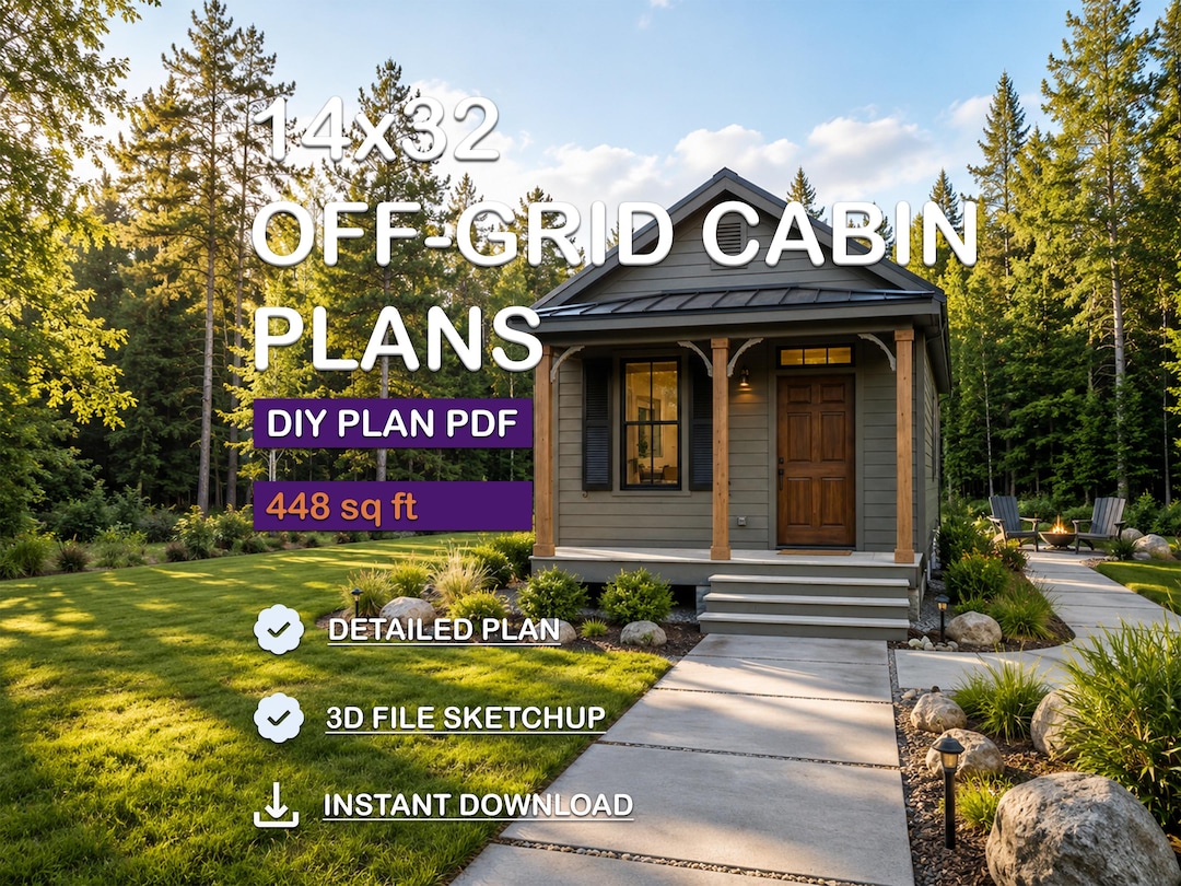 14x32 off Grid Cabin Plans, 448 Sq Ft Tiny House Blueprints (digital ...