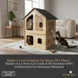 モダンな2階建て猫小屋のDIY設計図｜建築的な2階建て猫用コンドミニアム（PDFデジタルダウンロード）